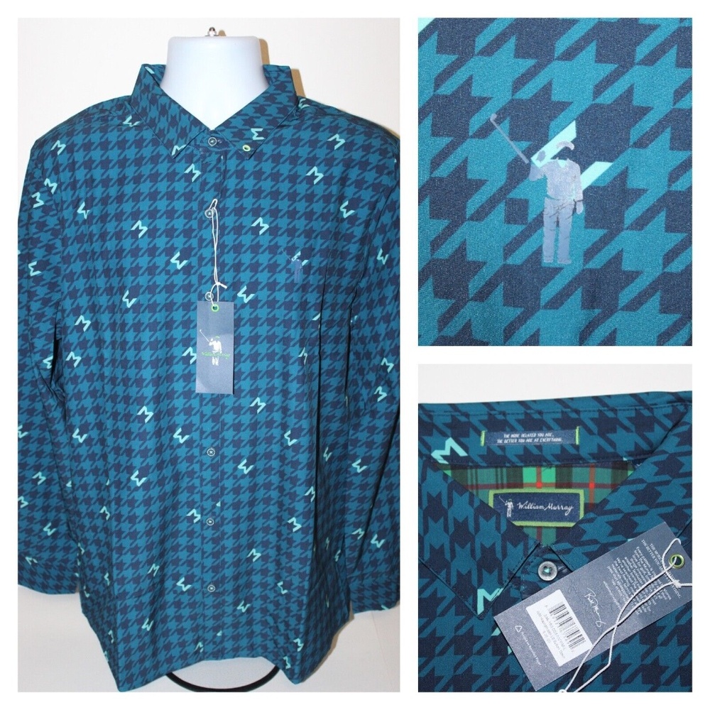 NWT $95 William Bill Murray Golf Houndstooth Long Sleeve Button Shirt Size L XL